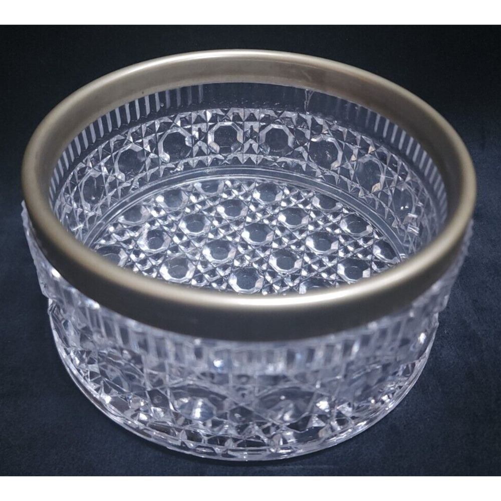 Vintage English Button and Cane Crystal Bowl with Silver Plated Rim Candy Dish